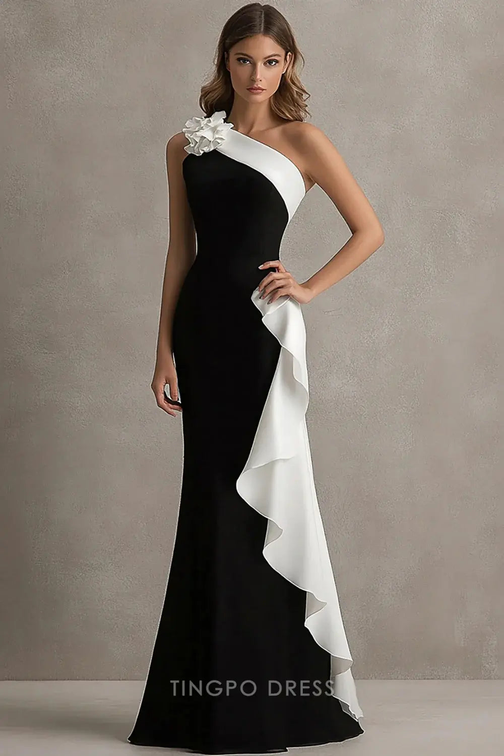 Elegant One - Shoulder Color Block Ruffle Mermaid Maxi Dress with Flower Detail Prom Dress
